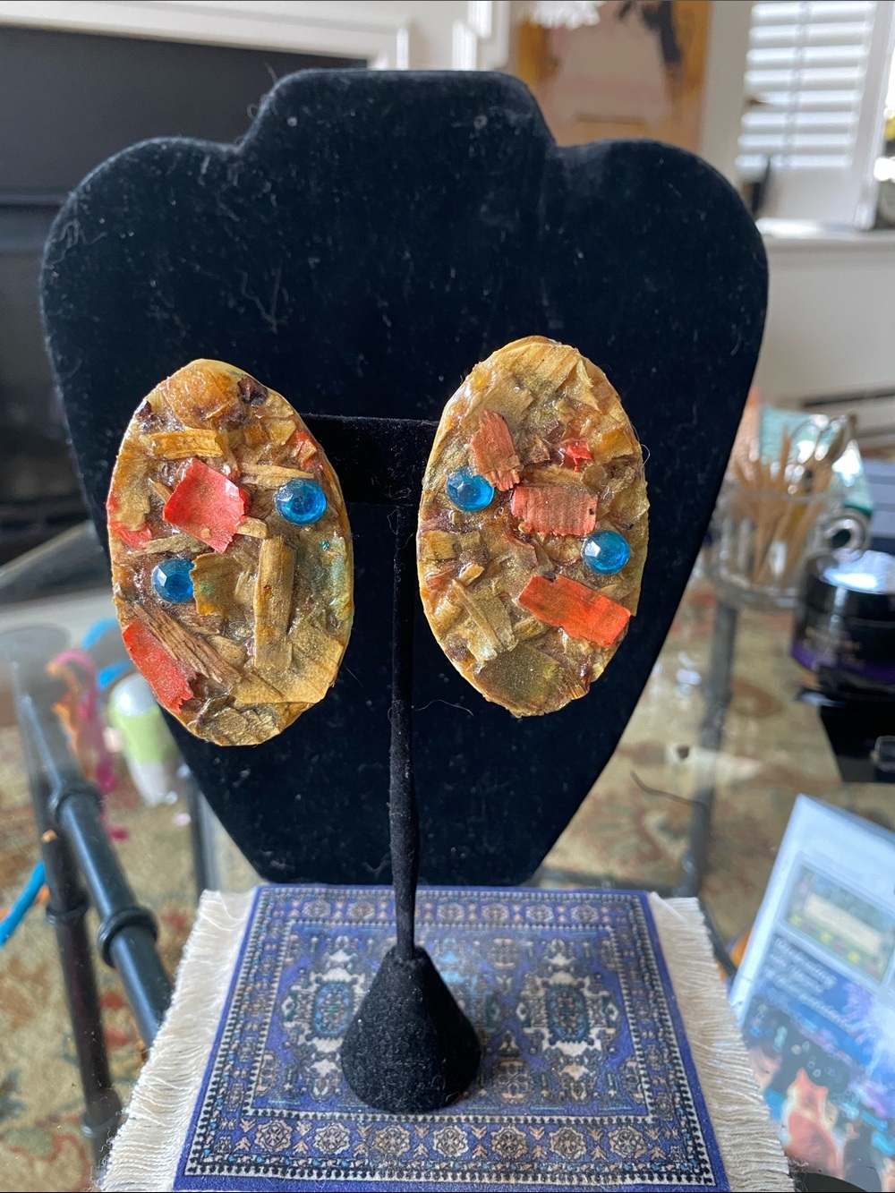 Handcrafted Gold-Tone Mixed Media Oval Earrings with Blue Accents